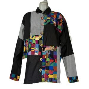 Silkscapes Patchwork Abstract Button Down Shirt Colorblock Striped Jacket Size L